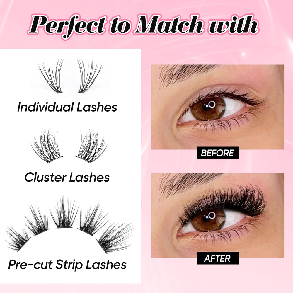 Ruairie lash clusters before and after application showing enhanced lash definition