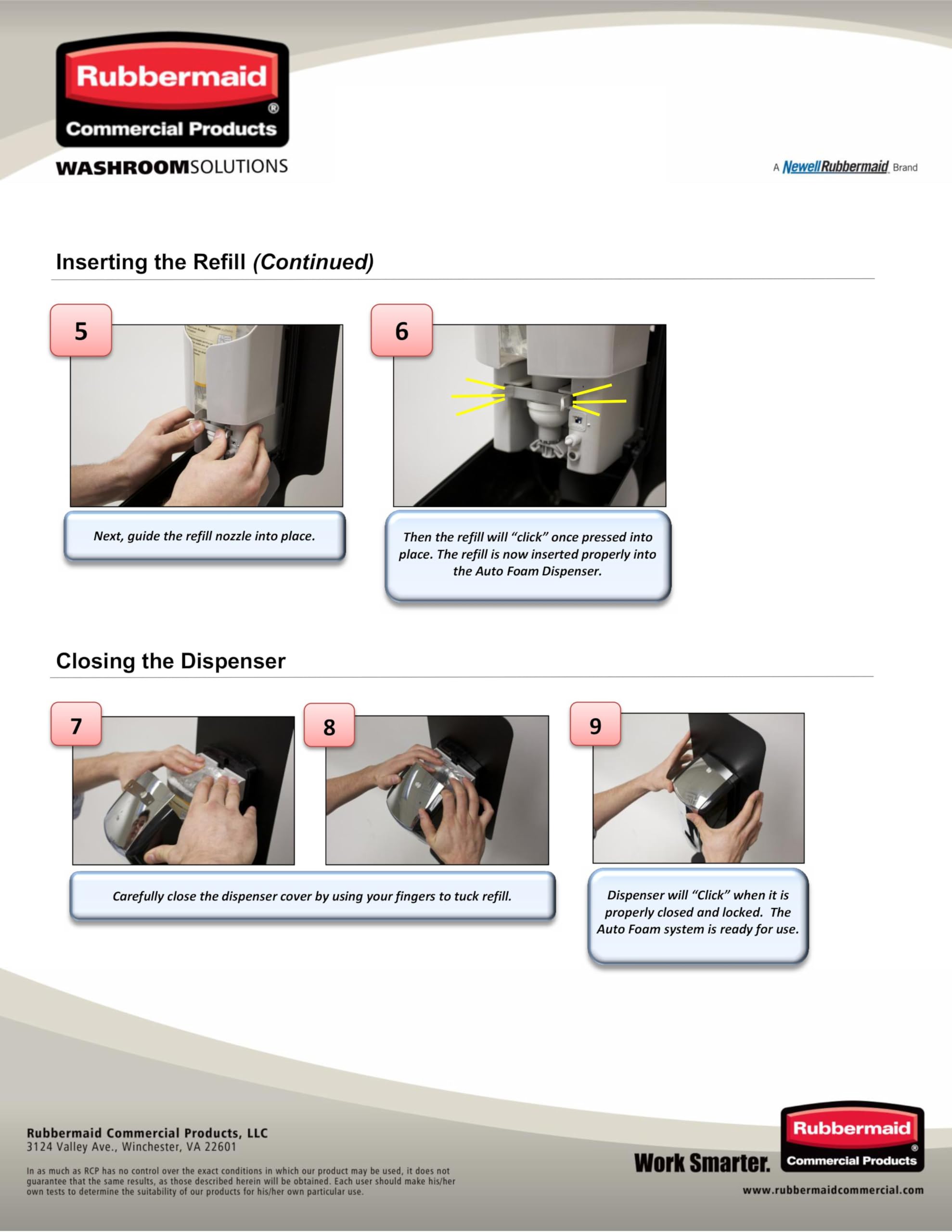 Rubbermaid refill installed in Flex dispenser in restroom for easy maintenance