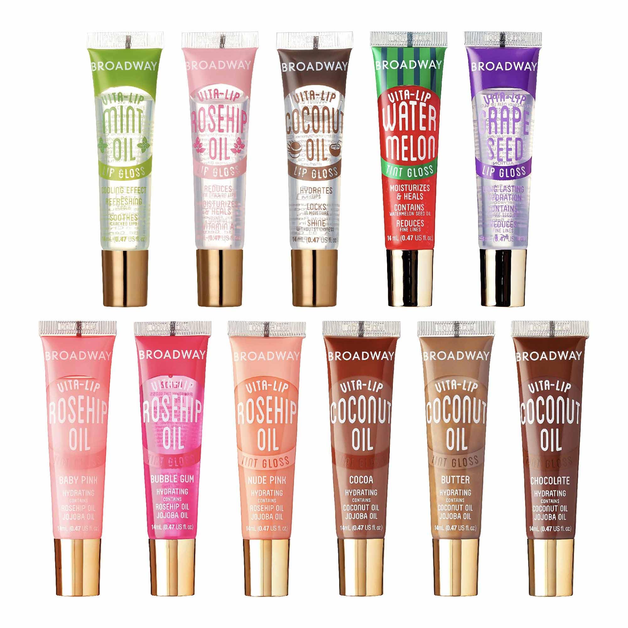 Ruby Kisses front packaging showing 11 glosses and color range for easy selection