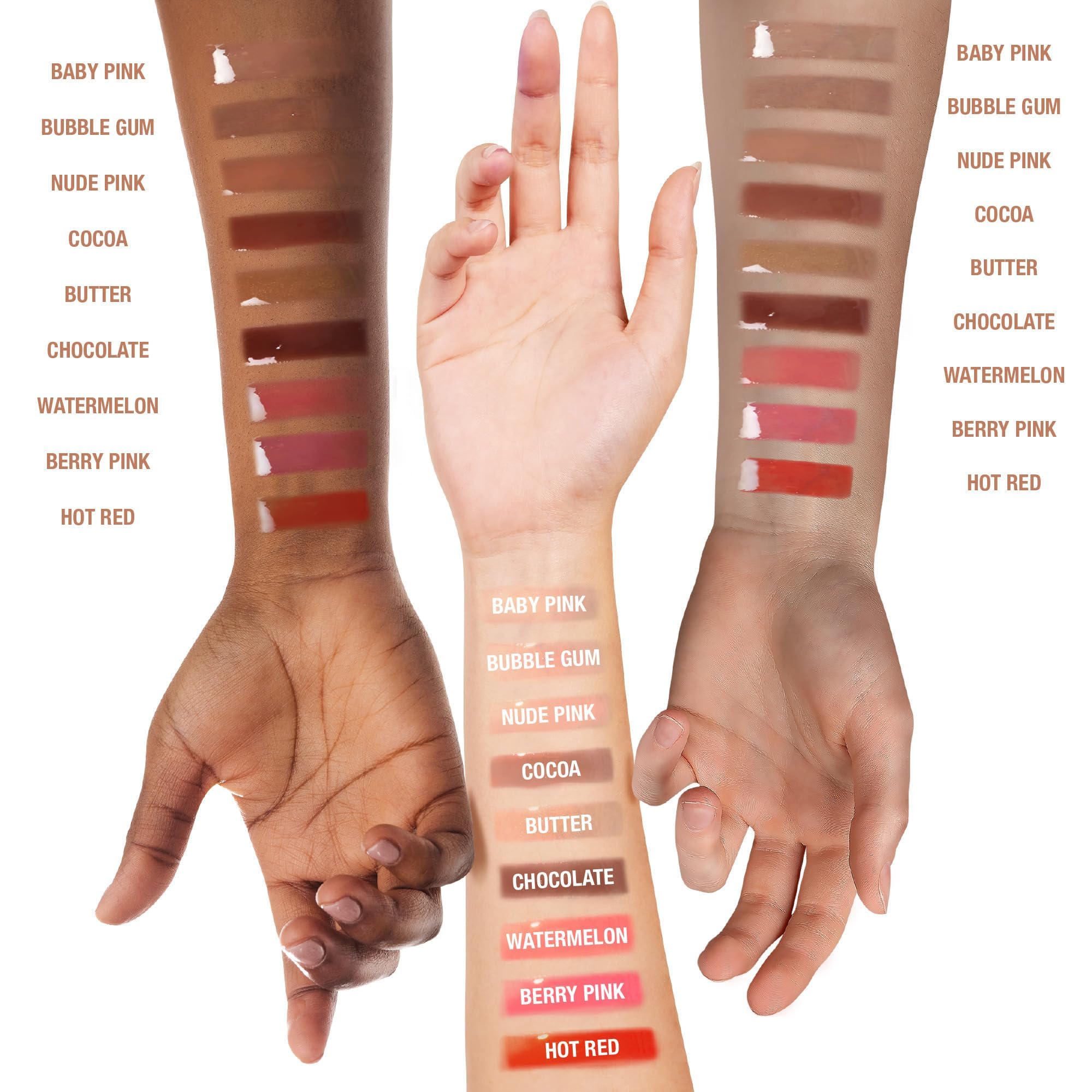 Ruby Kisses gloss swatches on arm illustrating shades and buildable pigment