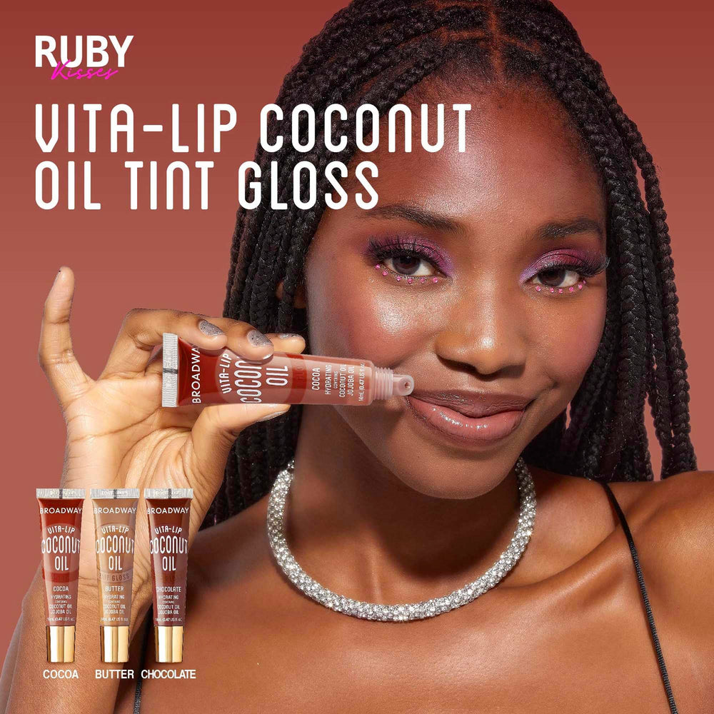 Ruby Kisses gloss applied on model for daytime look with comfortable hydration