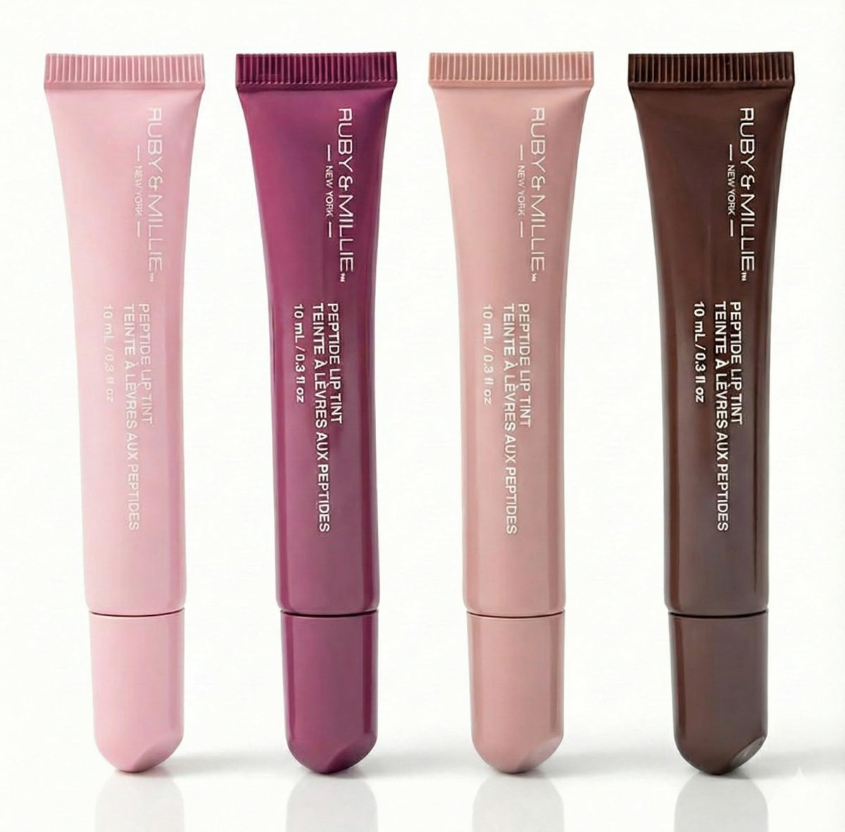 Ruby & Millie front packaging showing four tinted glosses and benefit of variety