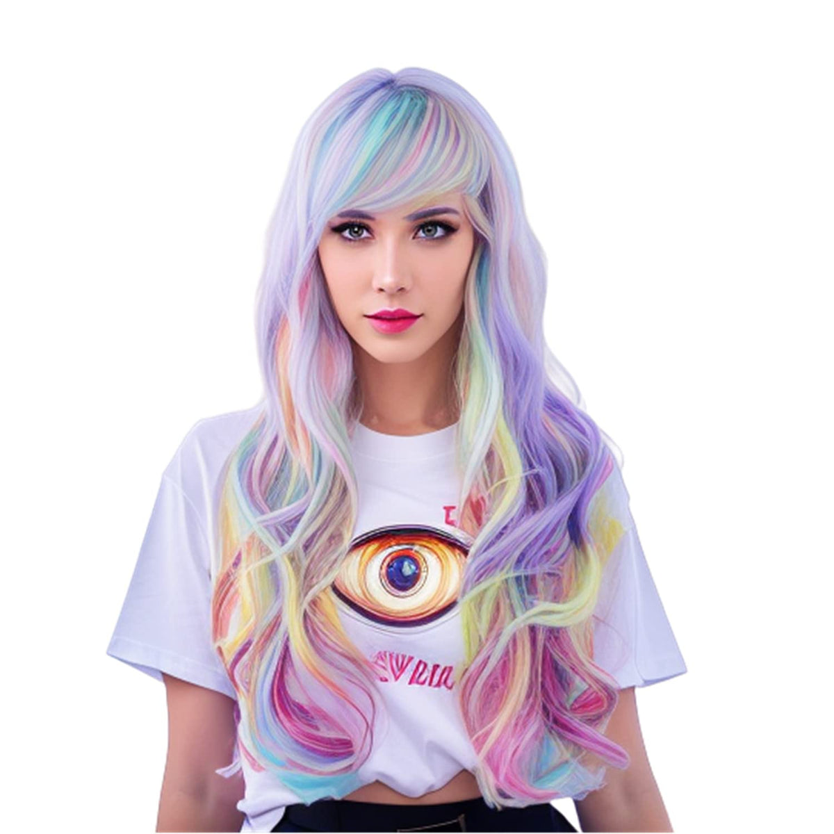 Rugelyss front view rainbow wig showing vibrant multicolor and long waves for dramatic looks