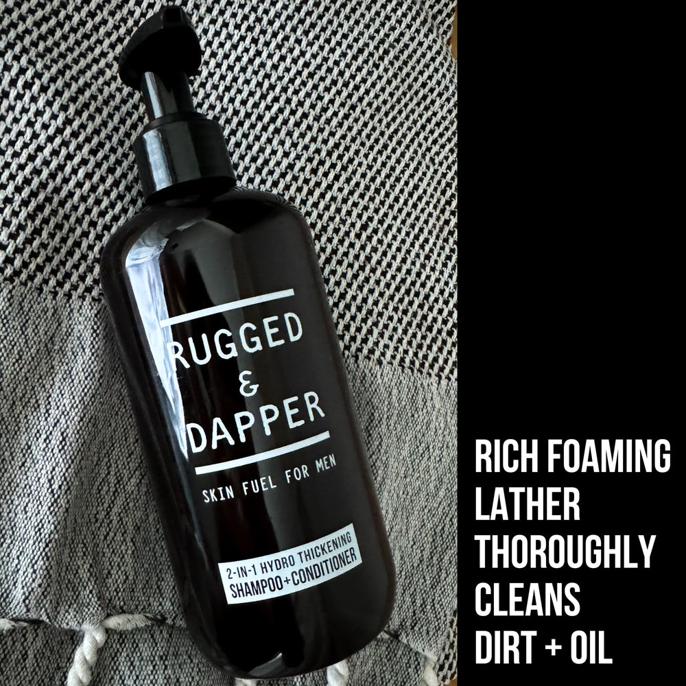 RUGGED & DAPPER bottle beside scale showing size and value