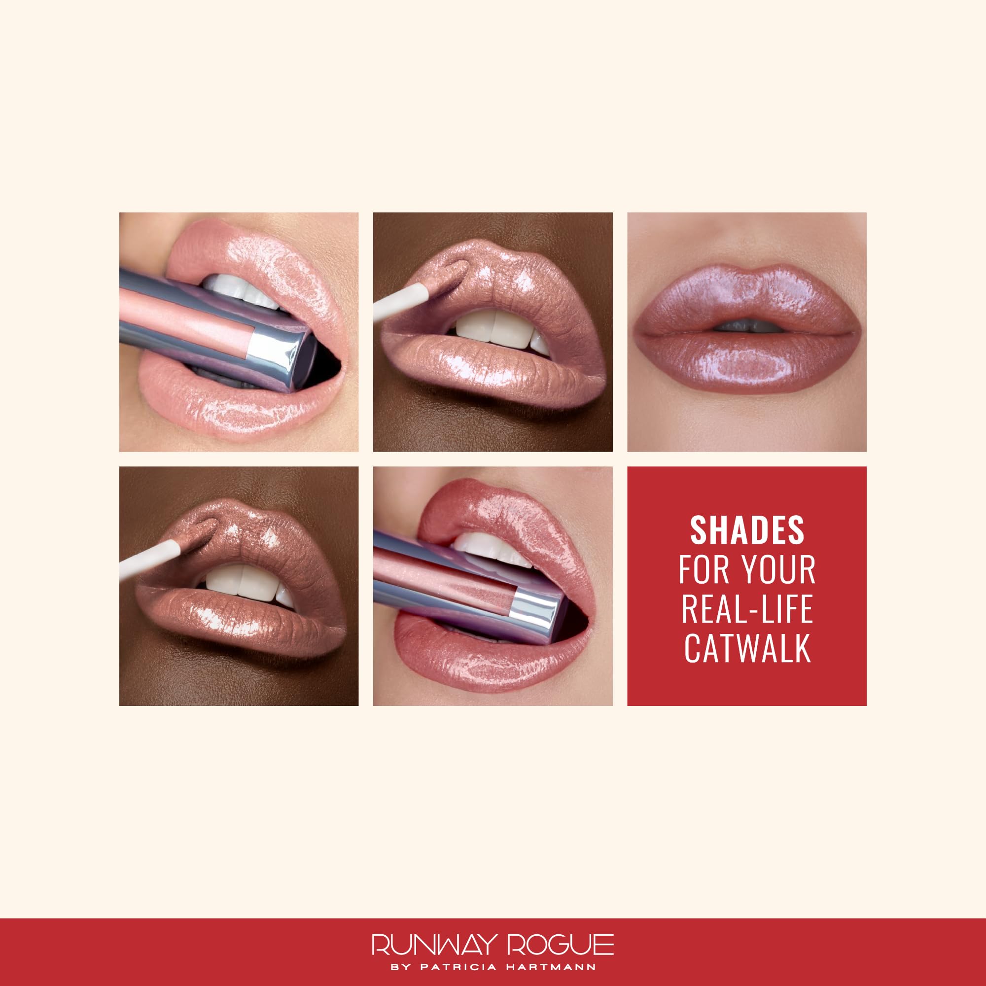Runway Rogue layered over matte lipstick to add shimmer and dimension without stickiness
