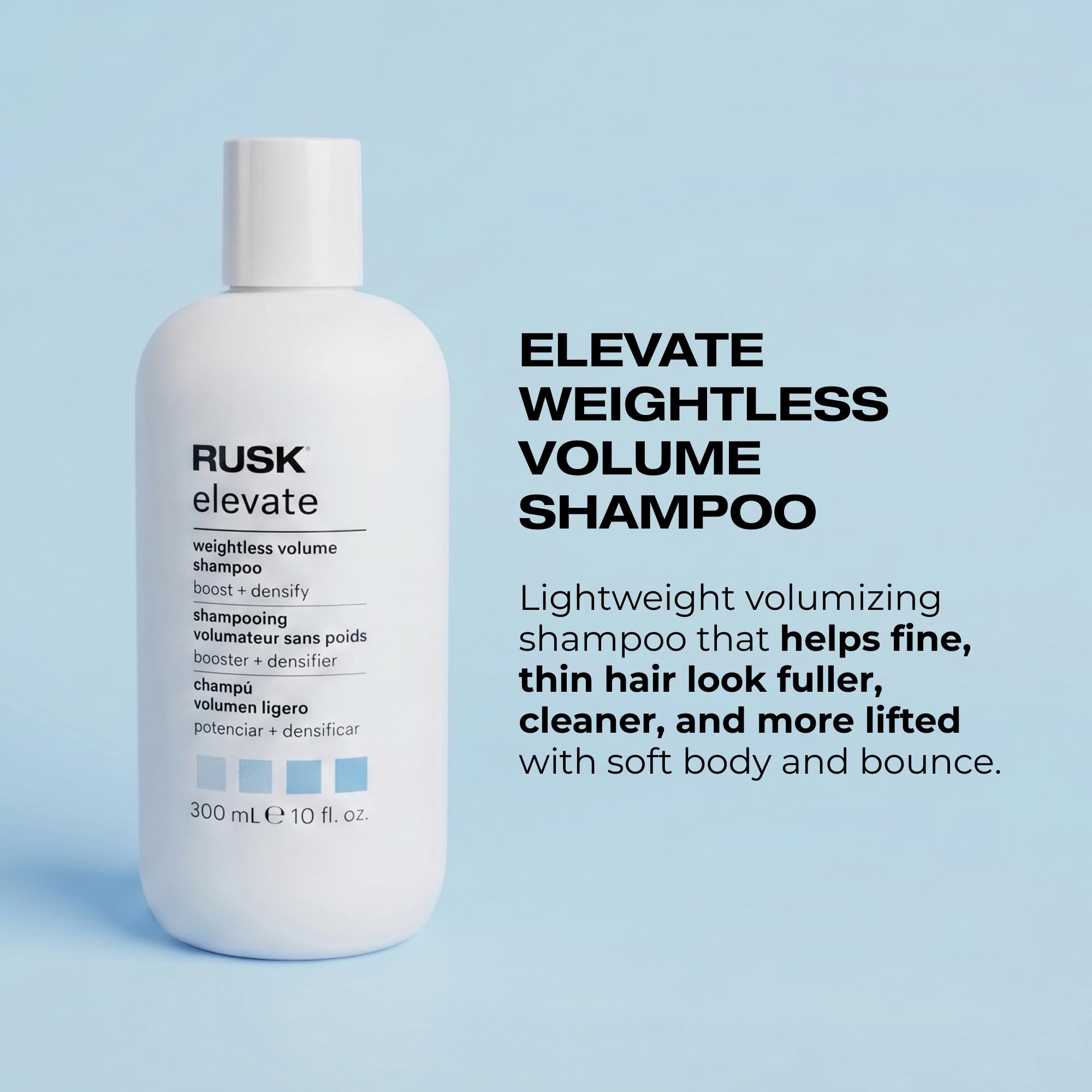 RUSK Elevate label and pump detail highlighting easy dispensing benefit
