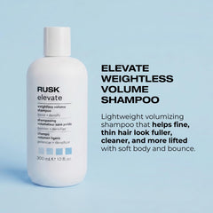 RUSK Elevate label and pump detail highlighting easy dispensing benefit