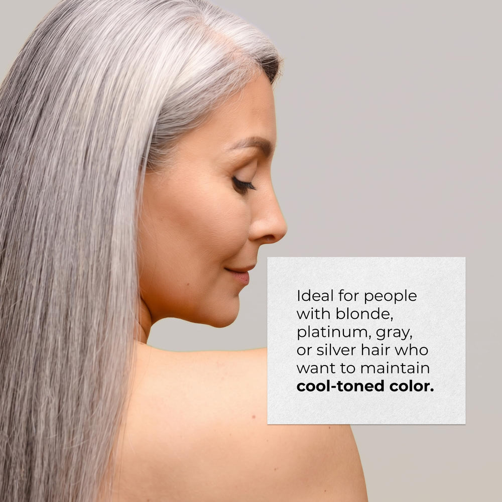 RUSK before and after tone comparison showing reduced brassiness and cooler silver tones