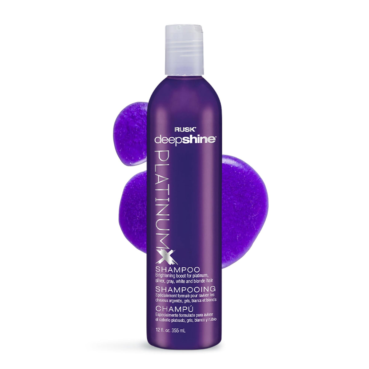 RUSK PlatinumX front bottle showing sleek packaging and professional benefit