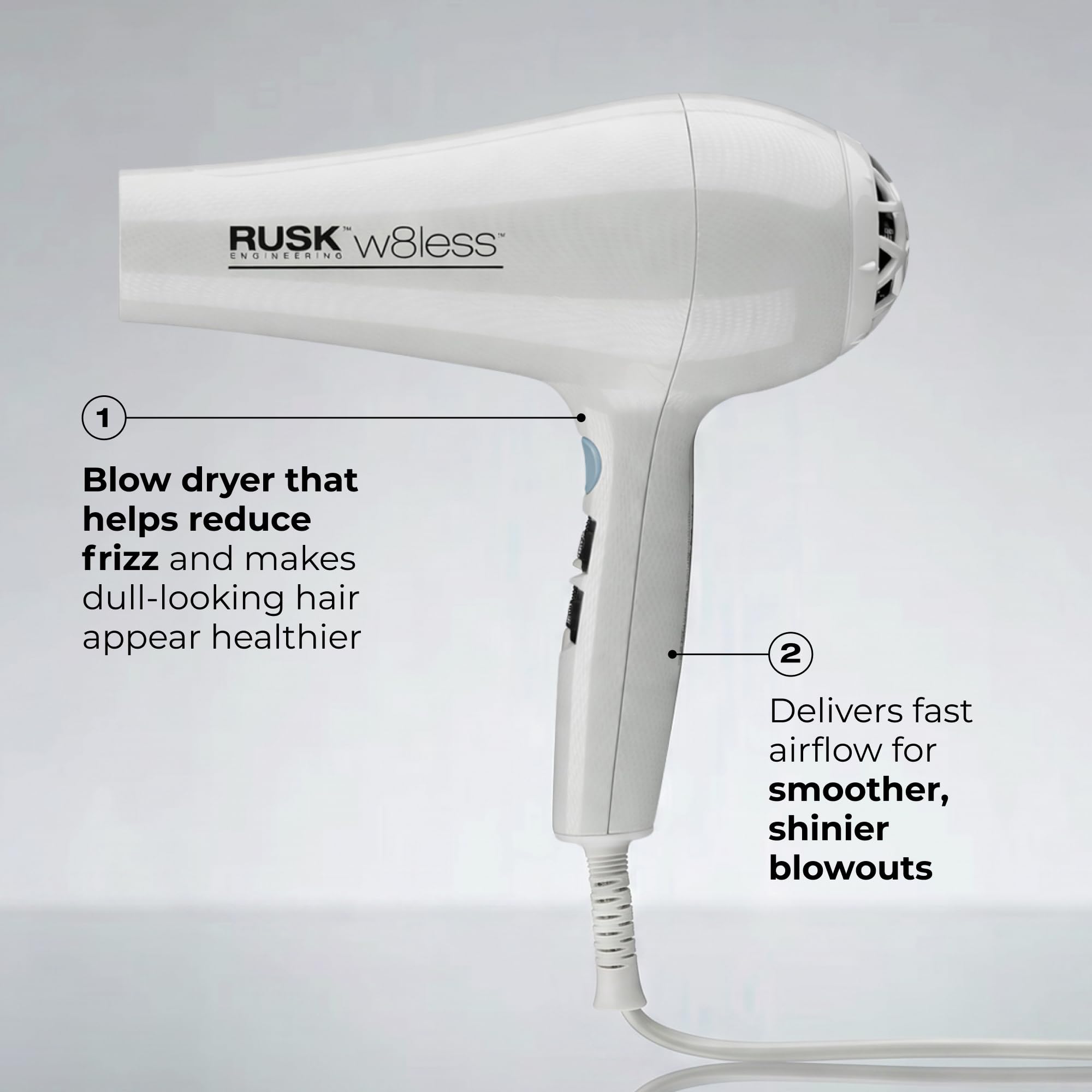 RUSK W8less handle and controls for easy heat and speed adjustments