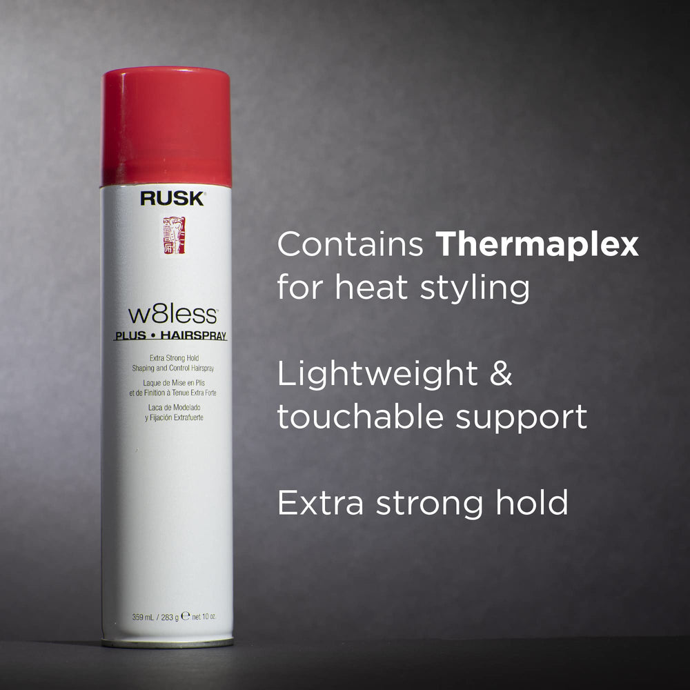 RUSK W8less Plus being sprayed on styled hair, shows durable hold and added shine benefit during use