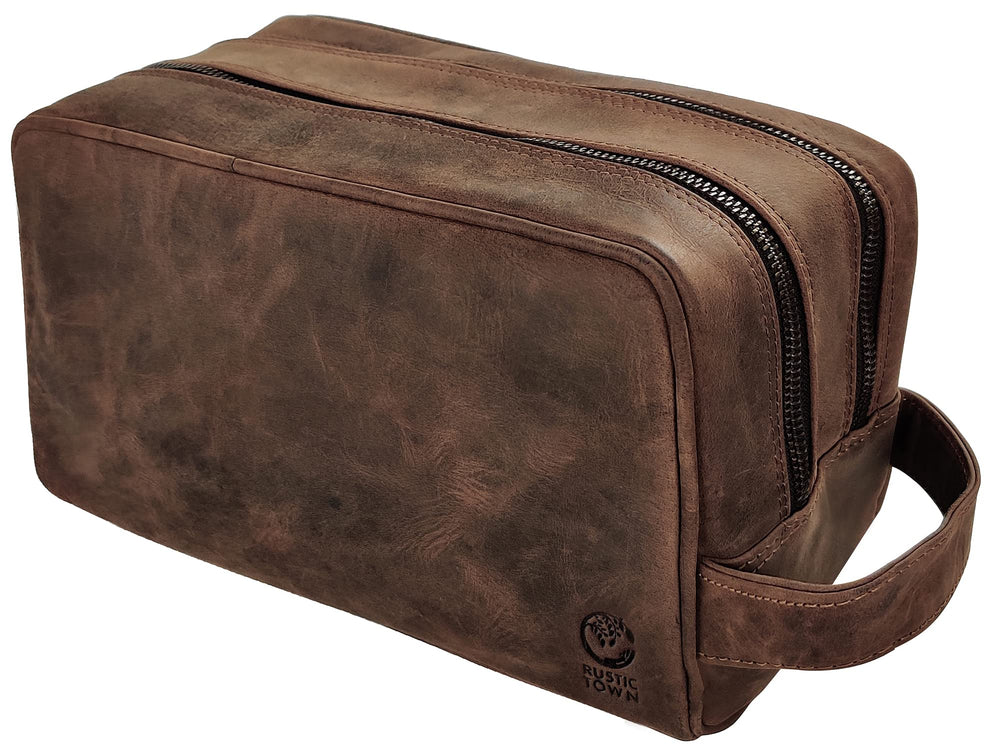 RUSTIC TOWN front view showcasing leather dopp kit and premium craftsmanship benefit