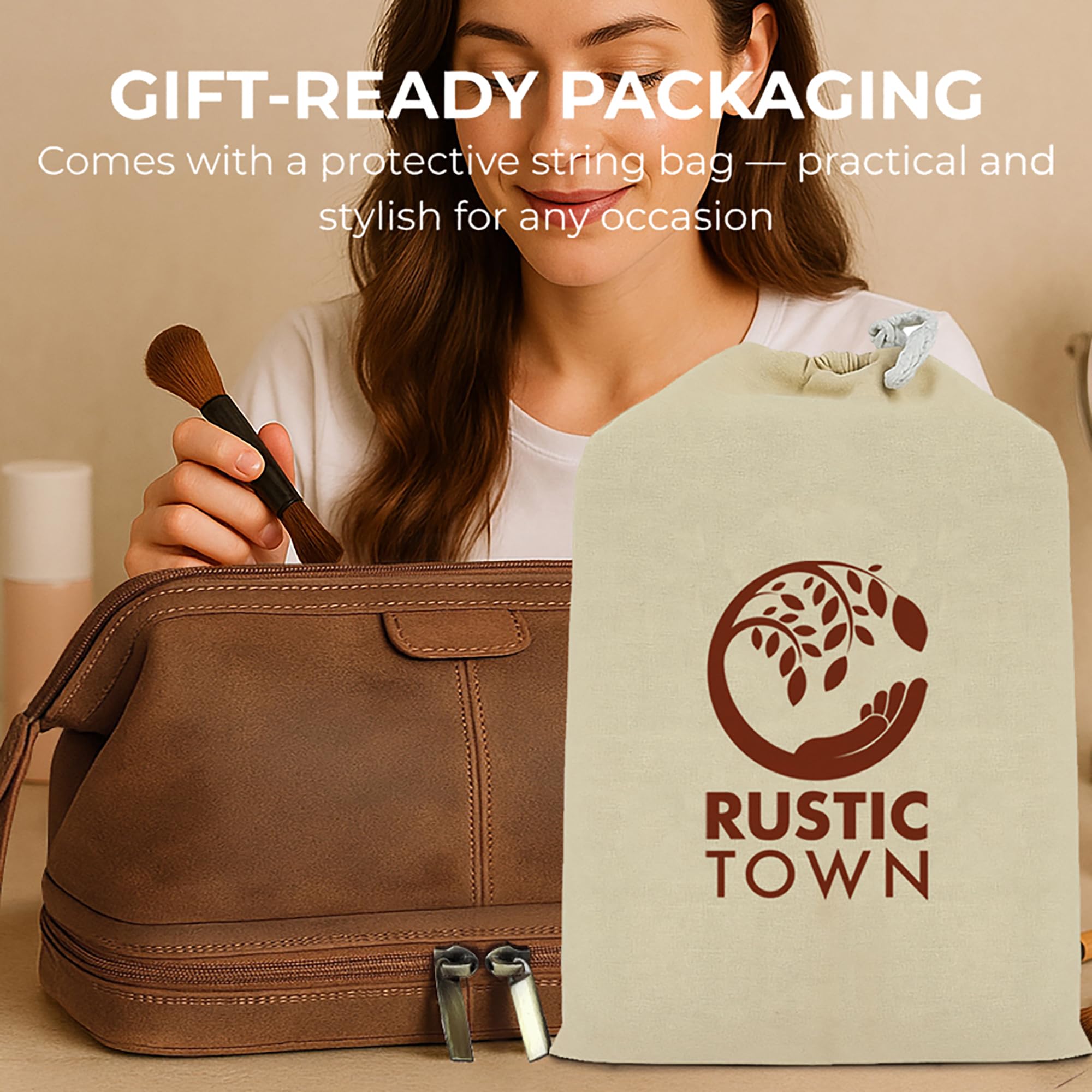 RUSTIC TOWN bag beside travel bottles demonstrating capacity