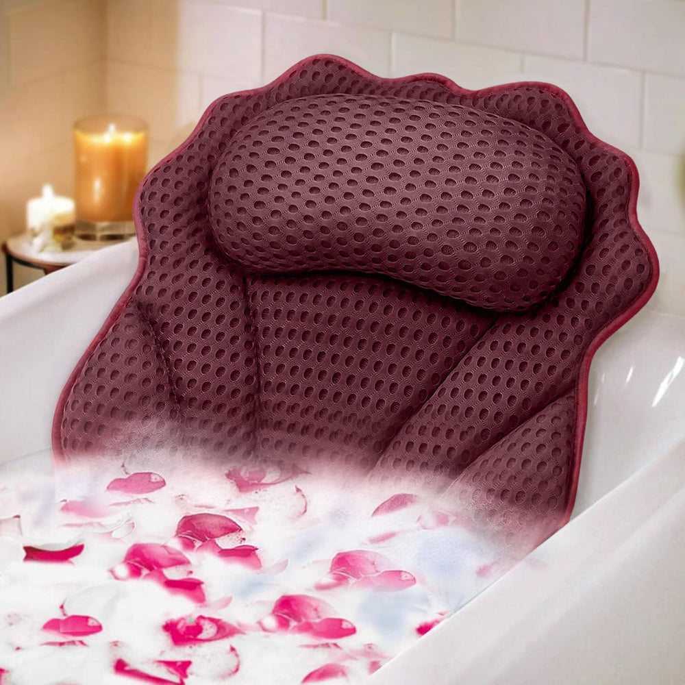 RUVINCE front view of dark red bath pillow showing ergonomic shape and comfort