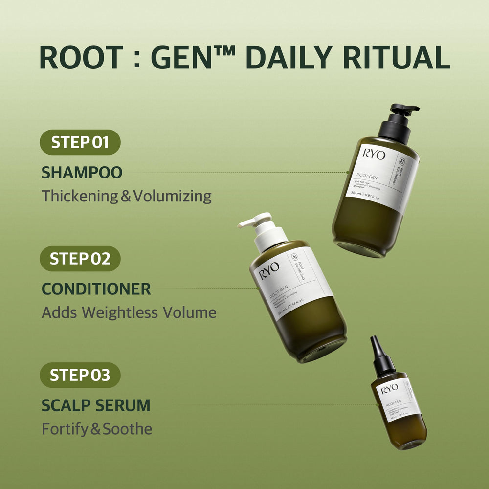 RYO ROOT:GEN on a bathroom shelf illustrating daily haircare ritual
