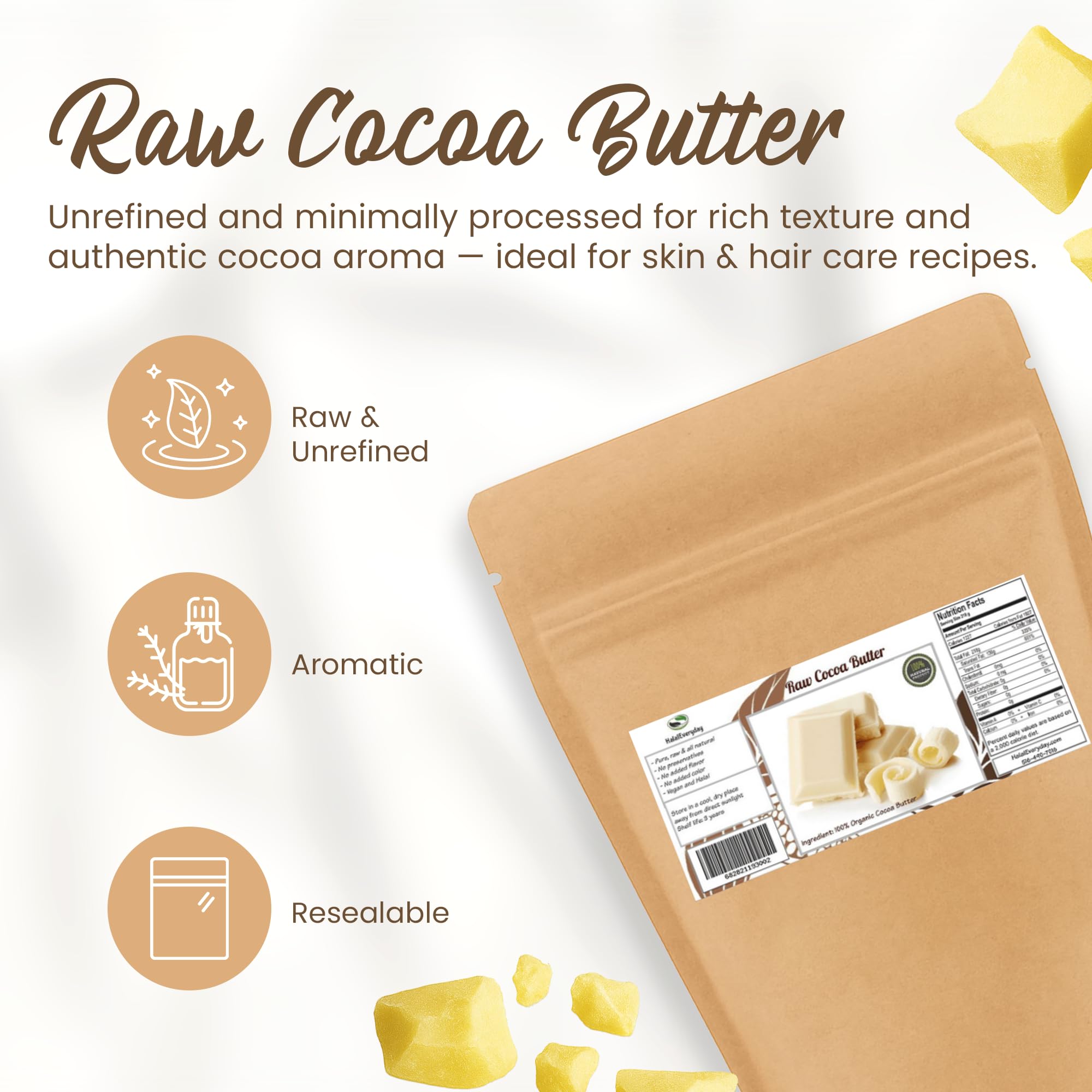 SAAQIN close-up of raw cocoa butter chunk showing creamy texture benefit