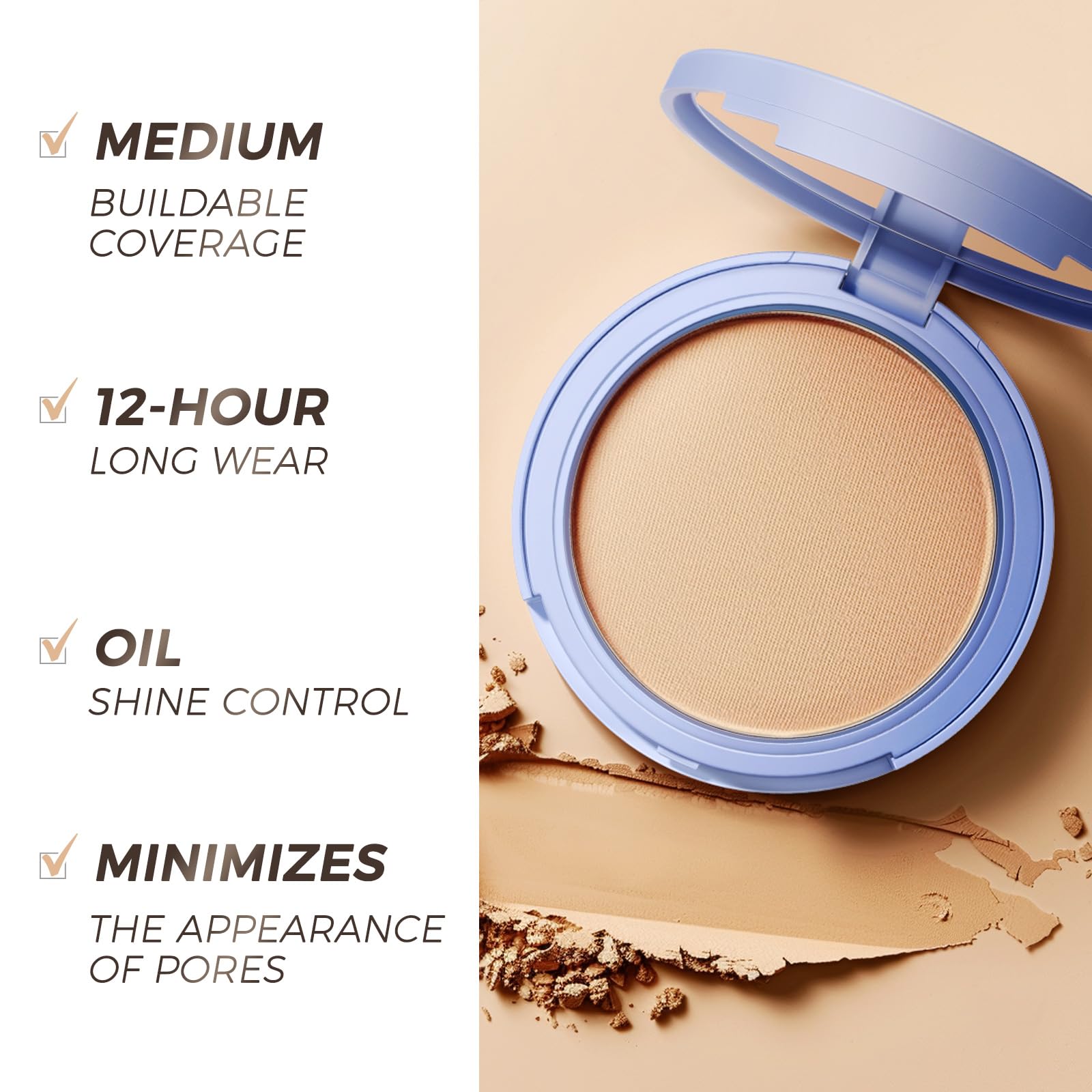 SACE LADY model applying powder in studio showing natural matte finish benefit