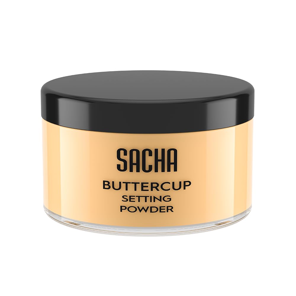 Sacha Cosmetics front packaging showing powder jar and labeling, clear product identity and benefit