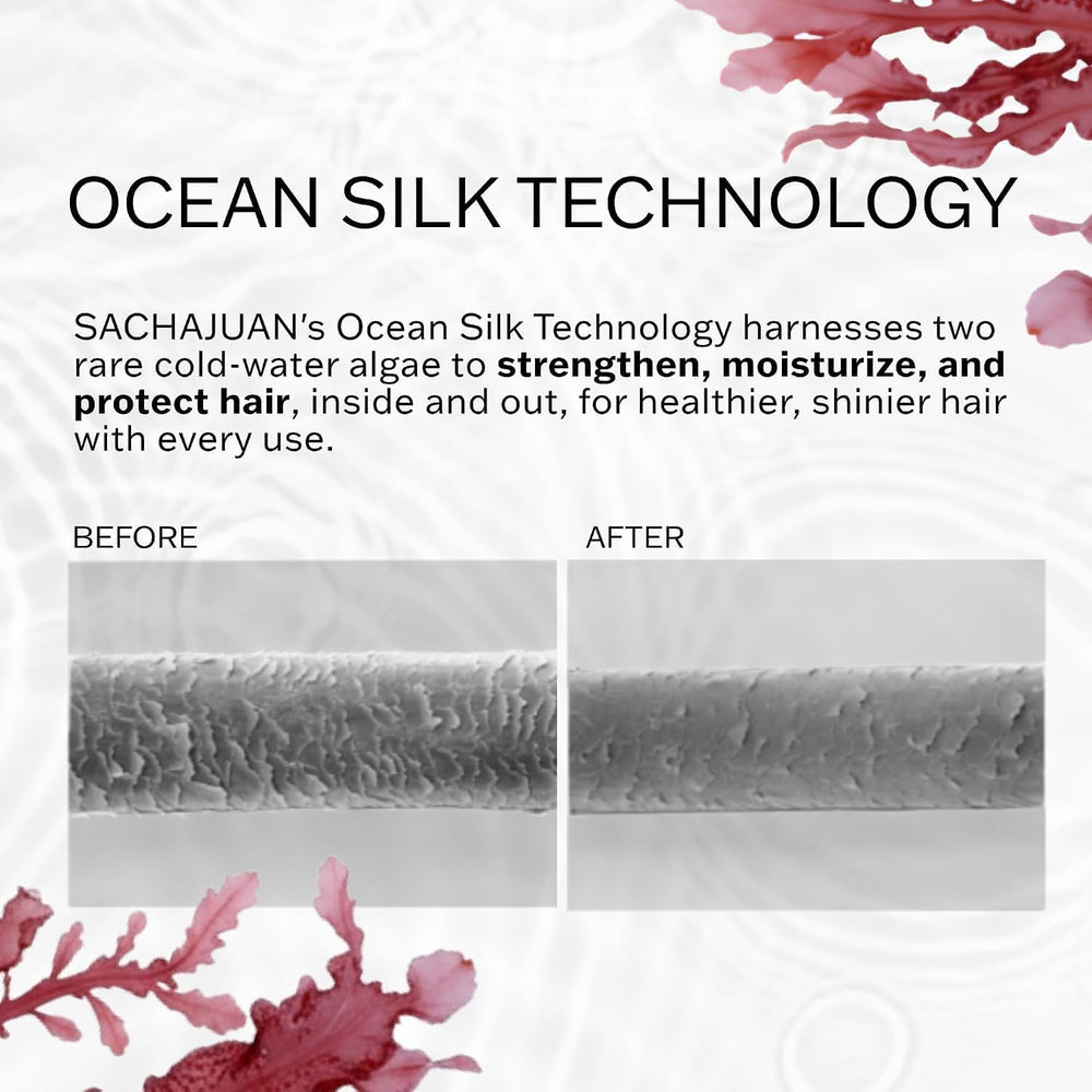 SACHAJUAN label close-up highlighting Ocean Silk Technology and clean ingredients