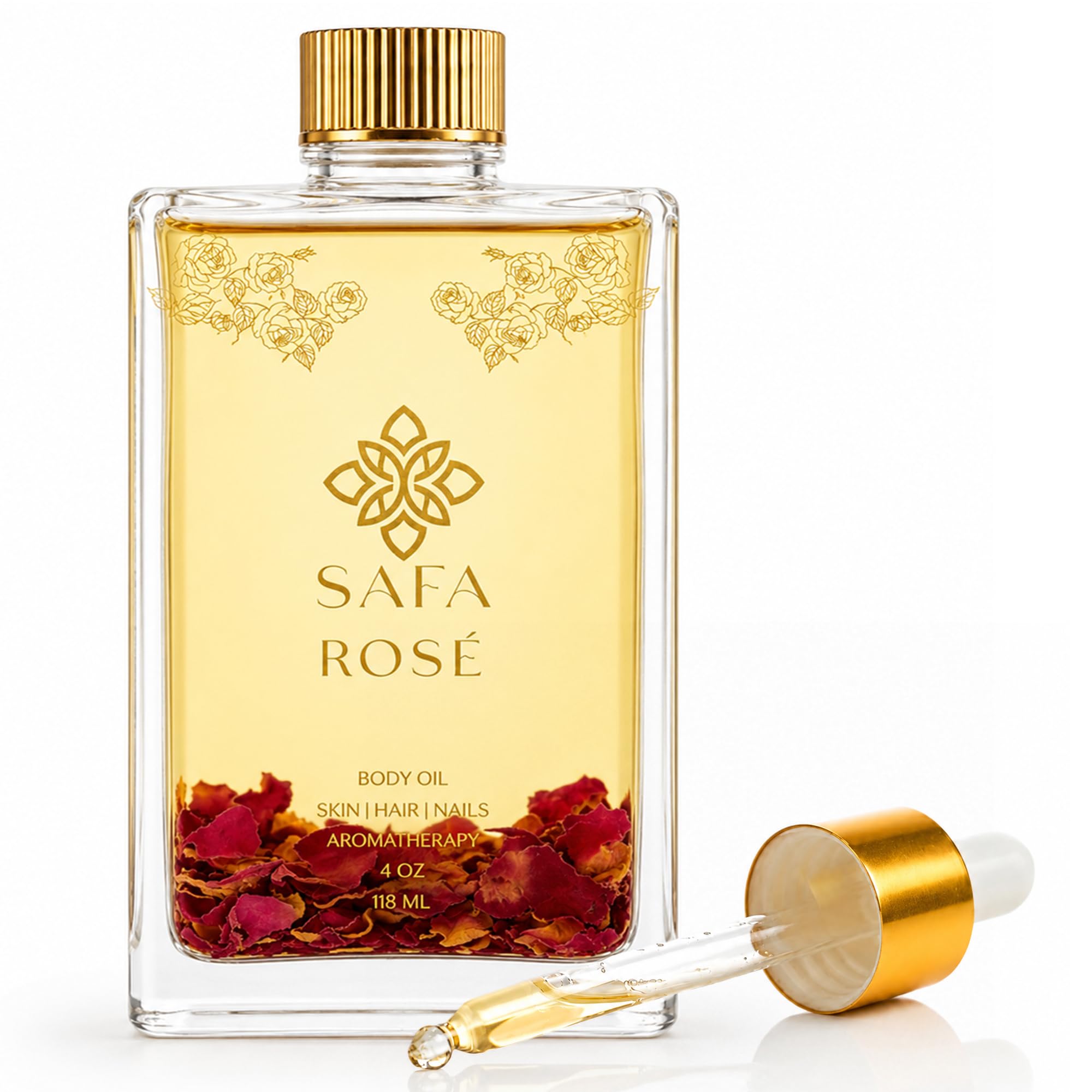 SAFA bottle front view showing elegant packaging and rose scent benefits