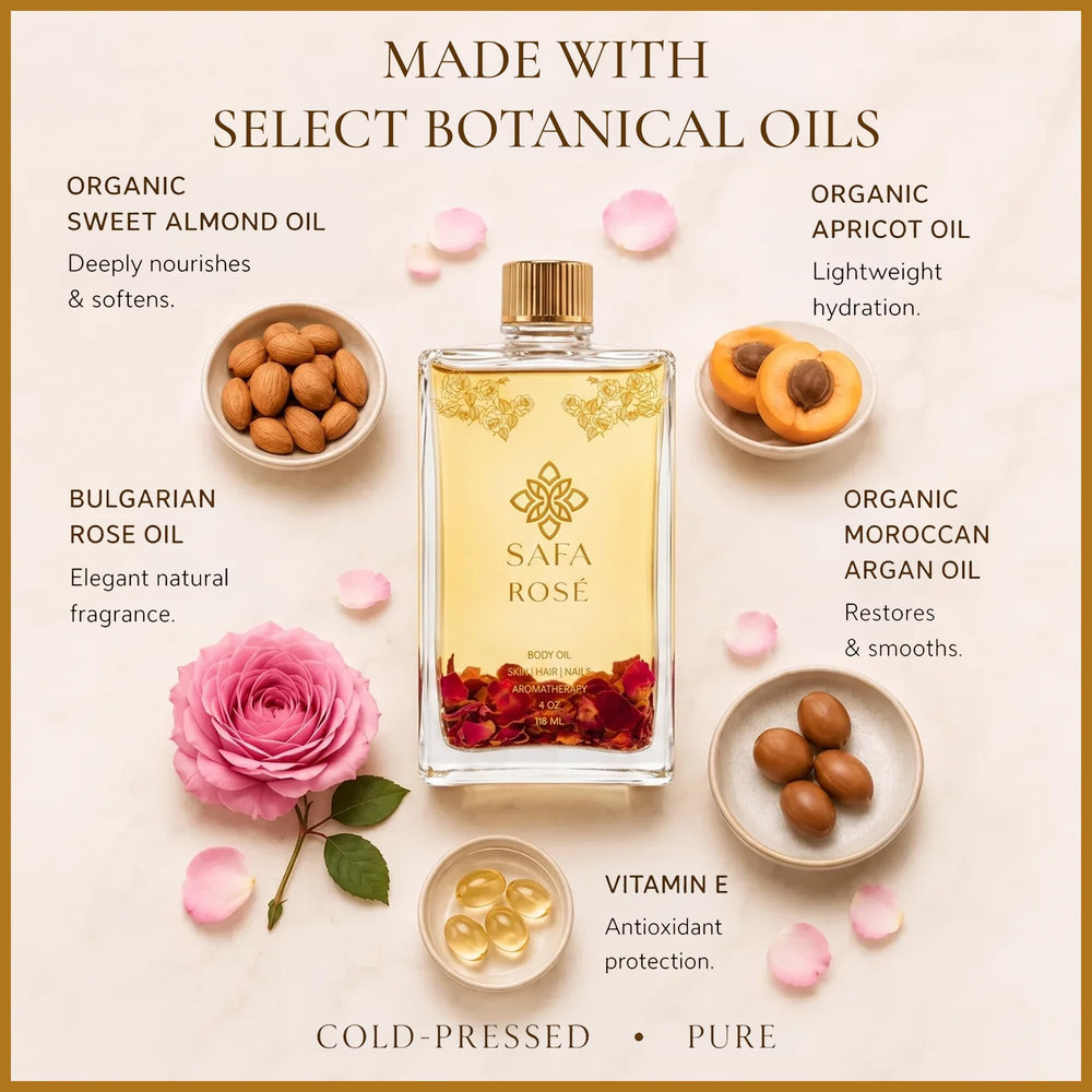 SAFA label close-up highlighting Bulgarian Rose essential oil and clean ingredients