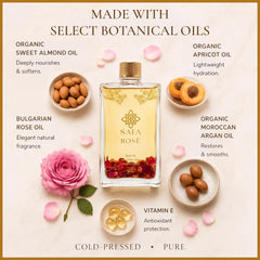 SAFA label close-up highlighting Bulgarian Rose essential oil and clean ingredients