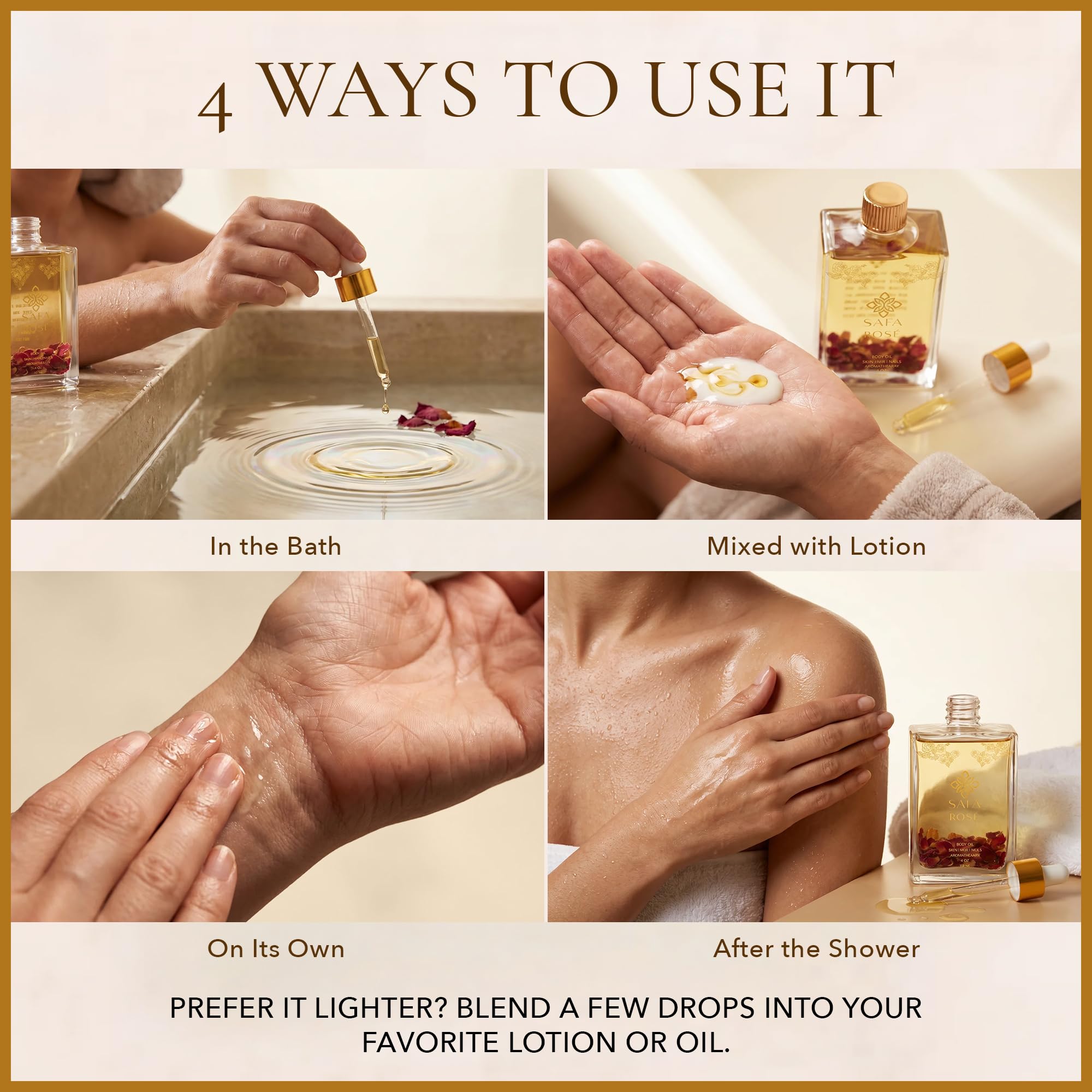 SAFA oil texture droplet on skin showing lightweight absorption and glow
