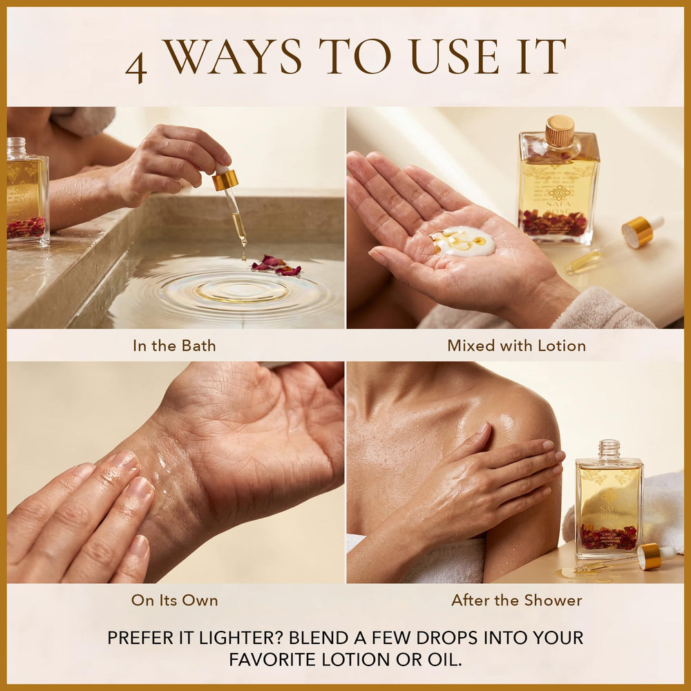SAFA oil texture droplet on skin showing lightweight absorption and glow