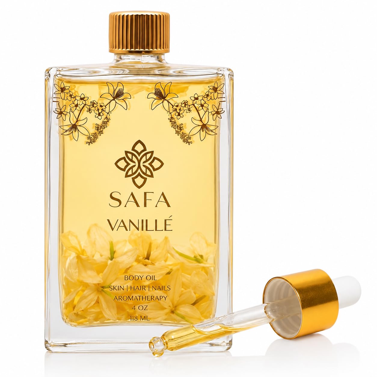 SAFA full bottle front view showing elegant vanilla oil packaging and premium look