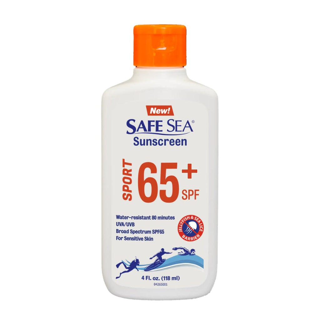 SAFE SEA front packaging 4oz tube showing SPF 65 benefits