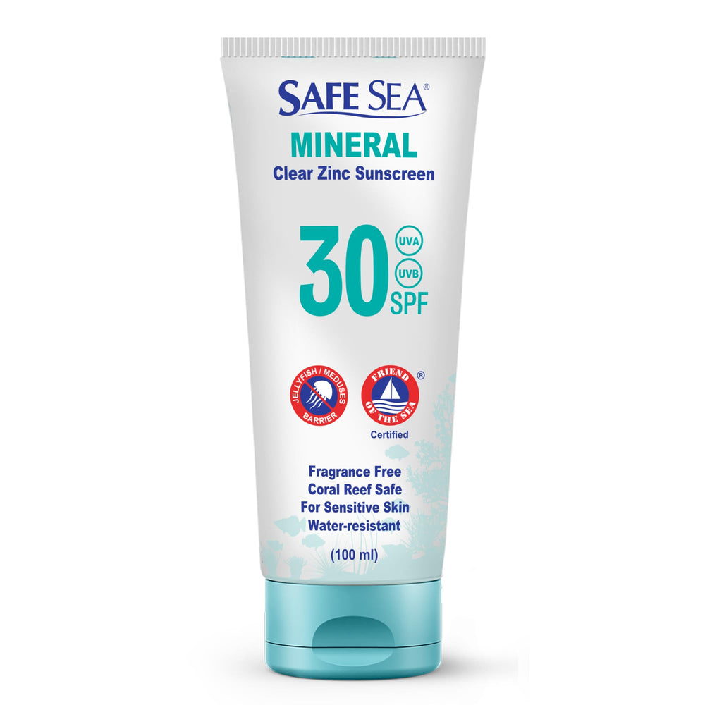 SAFE SEA front packaging showing clear reef-safe sunscreen SPF30 benefit