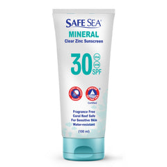 SAFE SEA front packaging showing clear reef-safe sunscreen SPF30 benefit