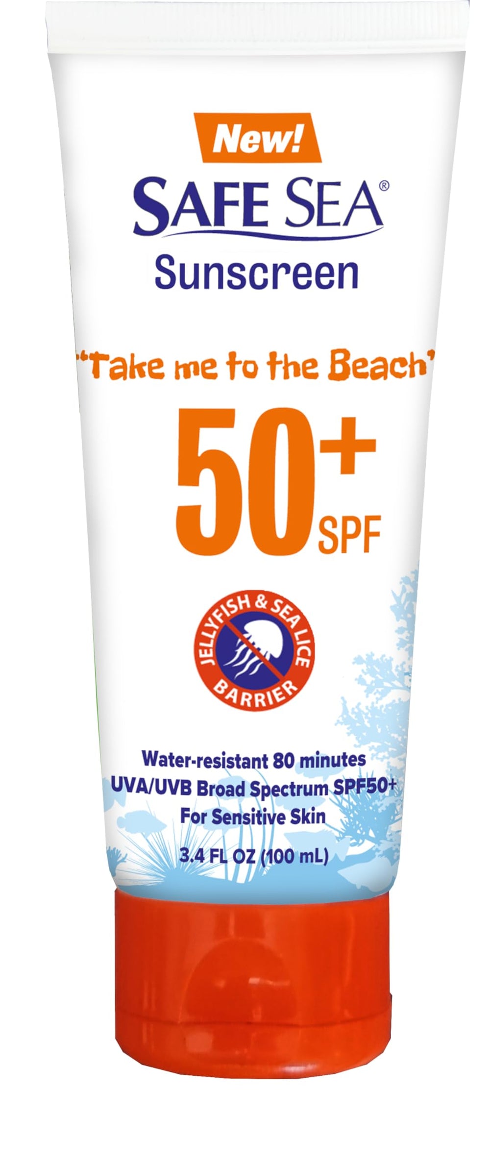 SAFE SEA front tube view showing SPF 50+ and reef-safe benefit