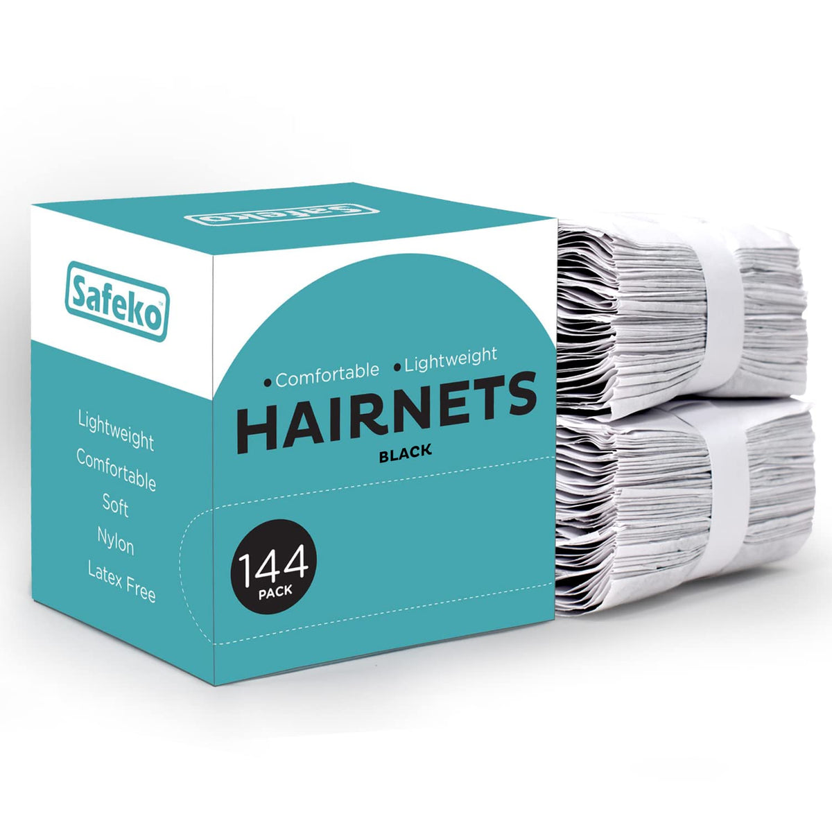 SAFEKO front packaging showing 144 individually wrapped hairnets for easy storage