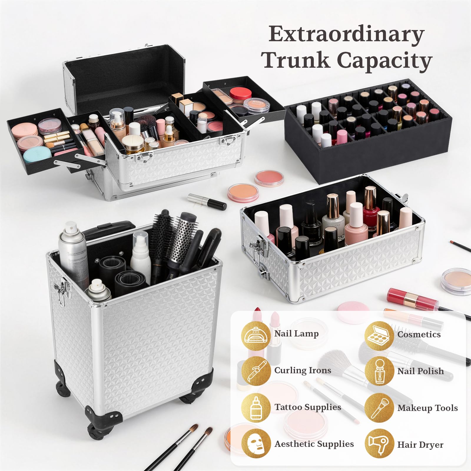 SAFESHOWER open top compartment as travel makeup case for quick access