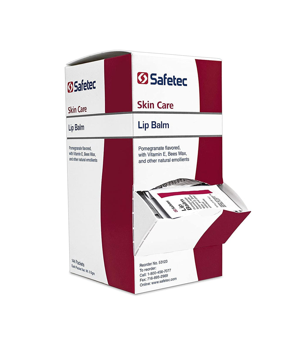 Safetec front packaging showing pomegranate lip balm bulk box and quick identification benefit