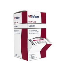 Safetec front packaging showing pomegranate lip balm bulk box and quick identification benefit