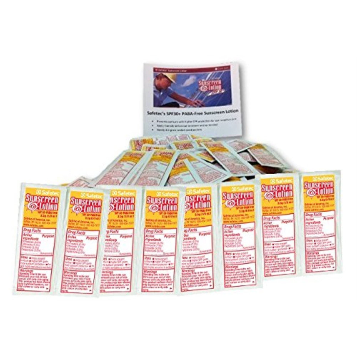 Safetec front view of 100 SPF30+ packets showing compact pack and portability benefit