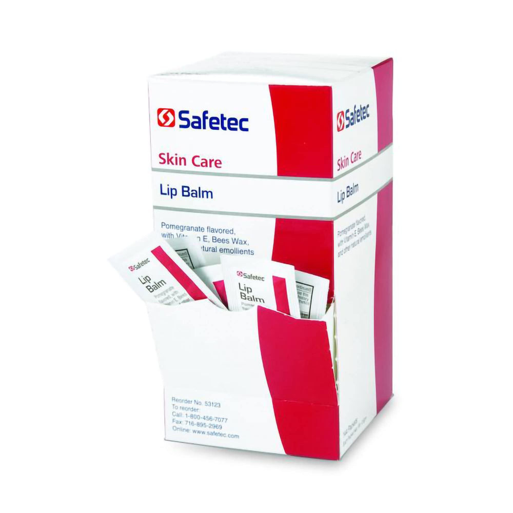 Safetec foil packet front view showing compact pomegranate lip balm, easy portability