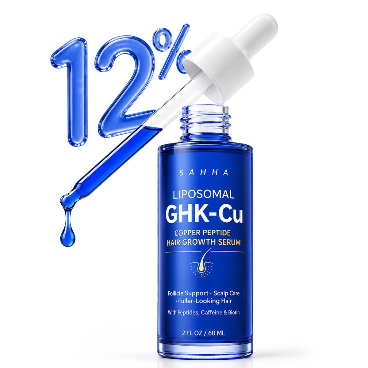 Sahha front bottle showing 60ml GHK-Cu serum, professional appearance benefit
