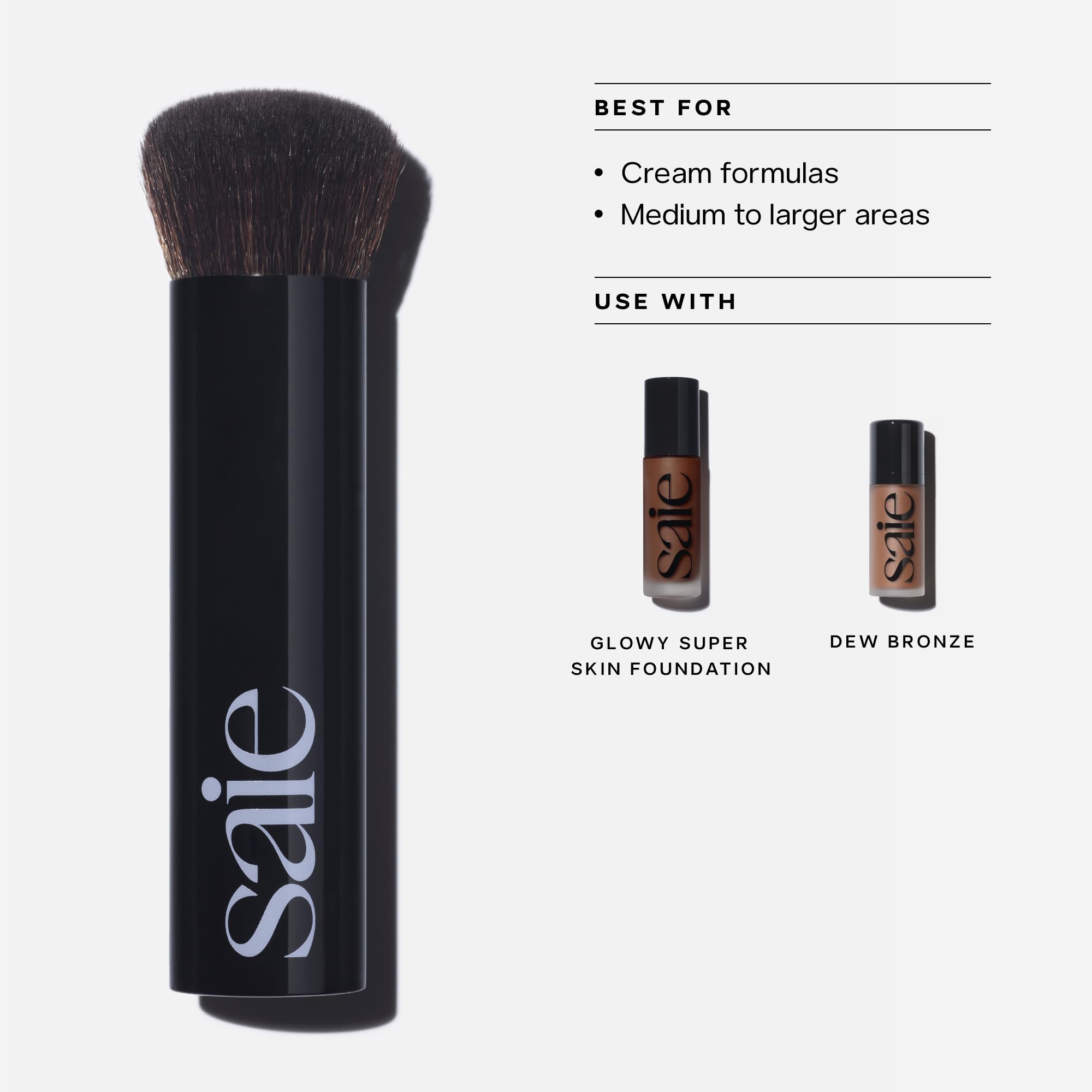 Saie brush in use pressing foundation into cheek for natural skin finish