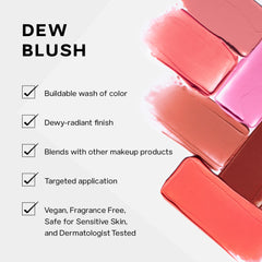 Saie Dew Blush applied on model cheeks creating natural flushed radiance