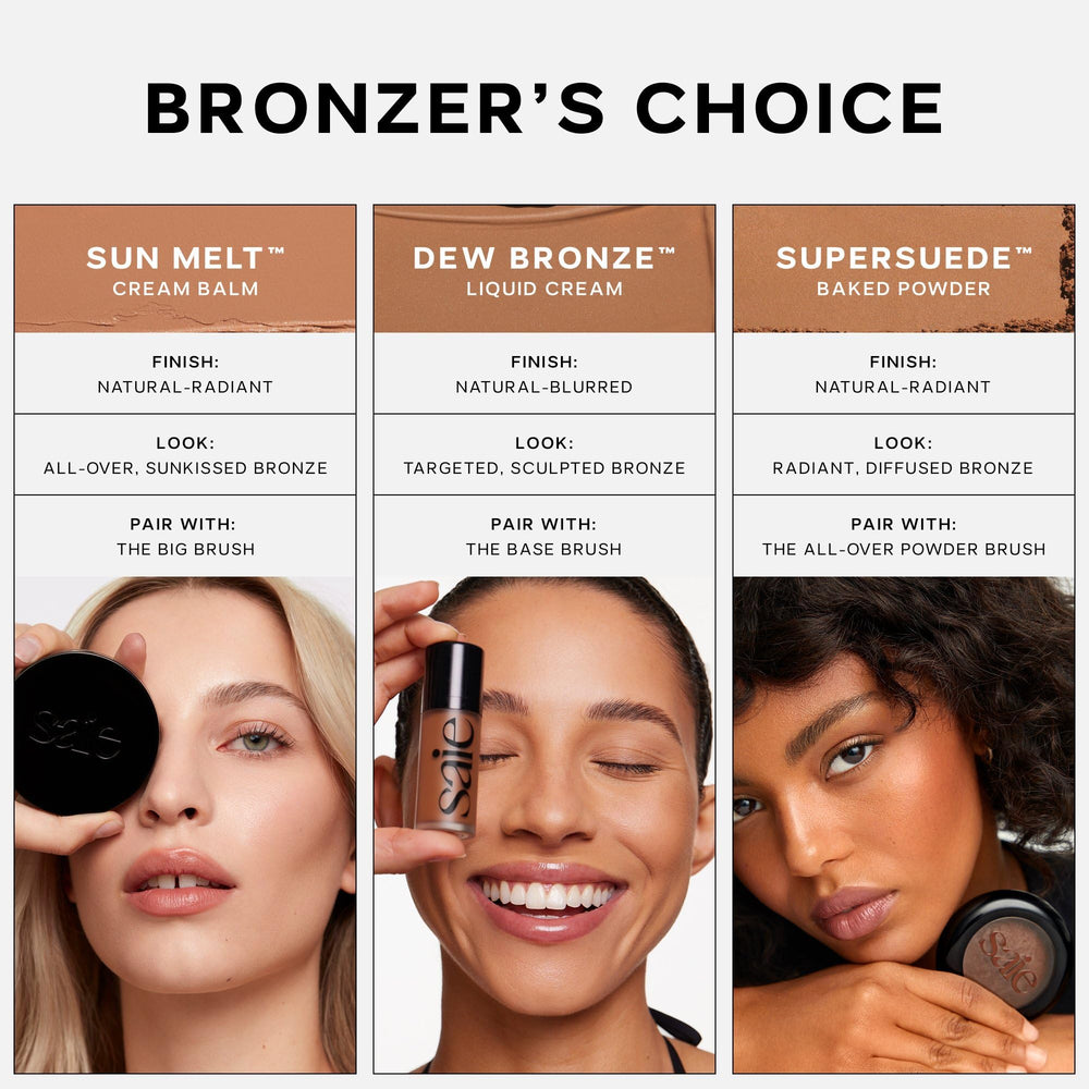 Saie Dew Bronze flatlay in a travel bag for on-the-go bronzing