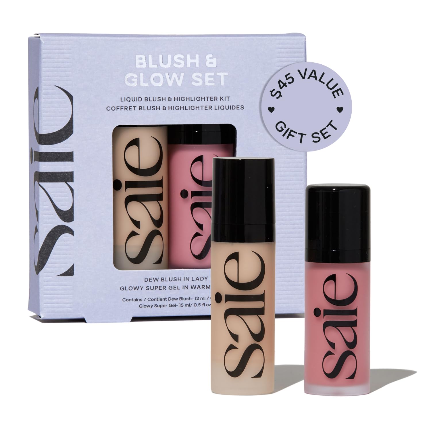 Saie front packaging showing the blush and gel set for easy gifting benefit