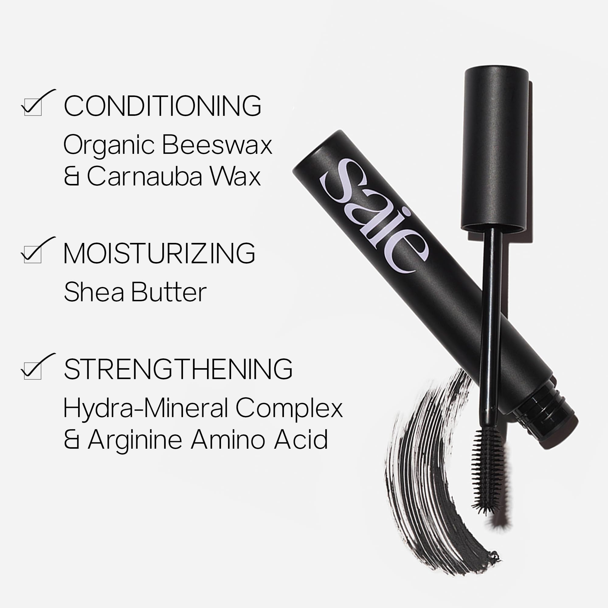 Saie mascara applied on upper lashes demonstrating length and volume with natural finish