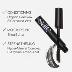 Saie mascara applied on upper lashes demonstrating length and volume with natural finish