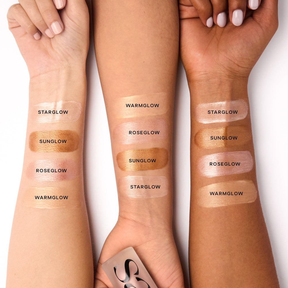 Saie mini Glowy Super Gel swatches on skin showing rose glow and natural radiance benefit