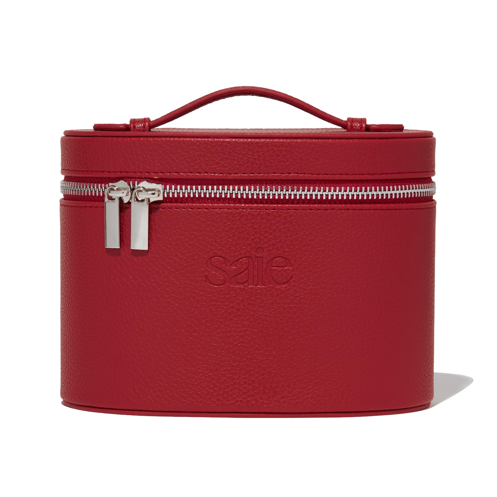Saie mini vanity case front view showing structured vegan leather and zipper, stylish protection