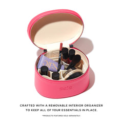 Saie Mini Vanity Case open on bathroom counter with makeup visible for quick routines
