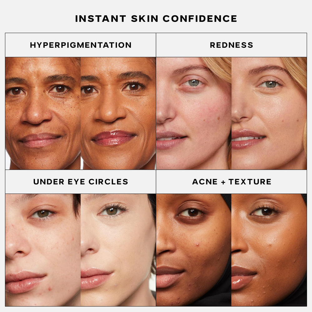 Saie Slip Tint ingredient visuals with hyaluronic acid and niacinamide highlighting skin-care benefits
